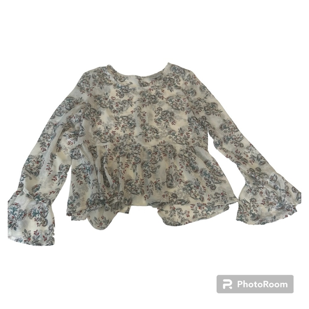 Dress Forum sheer long sleeve blouse floral print white black red blue ruffle